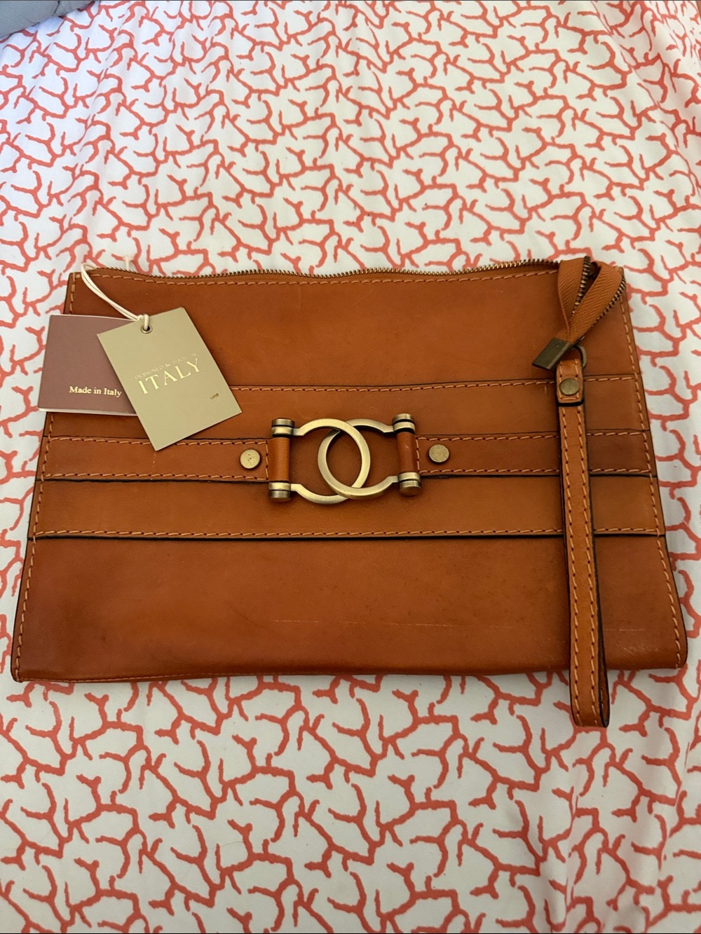 Italian Made Tan Leather Wristlet Clutch with Gold Hardware